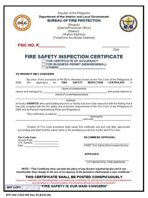 bfp fire safety inspection certificate|Bureau of Fire Protection .